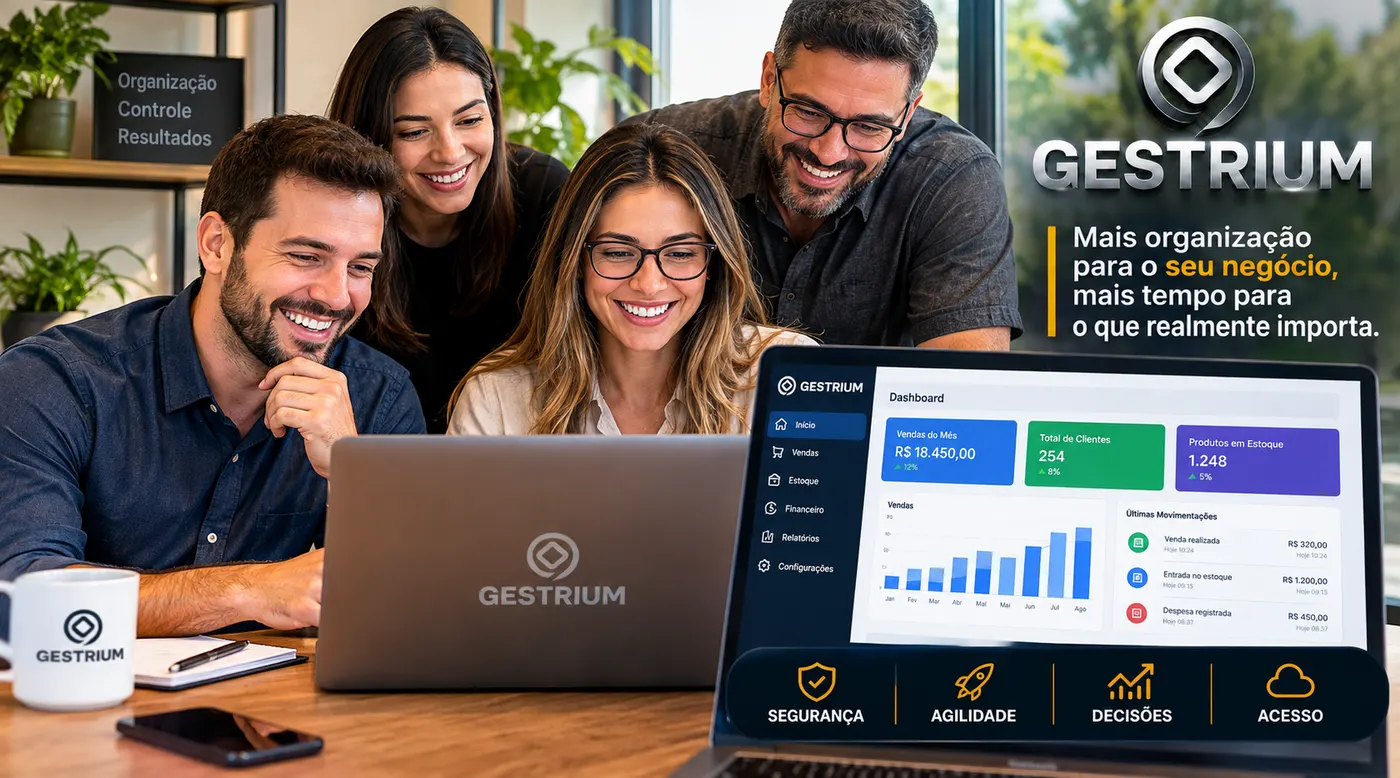 Equipe sorrindo em frente a um notebook com o painel do Gestrium